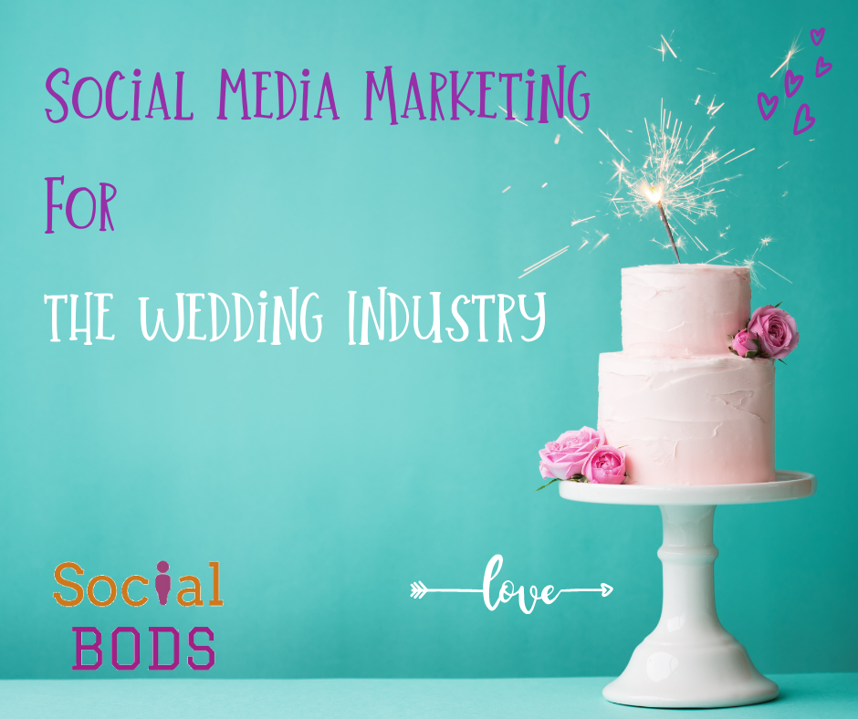 A wedding cake on a blue background with the text Social Media Marketing in the Wedding Industry on it